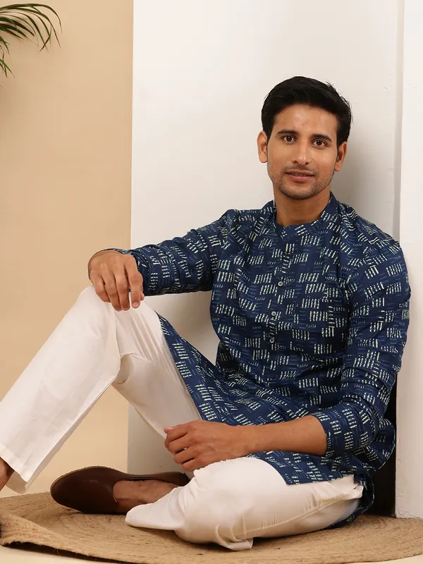 Navy_Blue_Viscose_Blend_Abstract_Block_Print_Kurta_For_Men