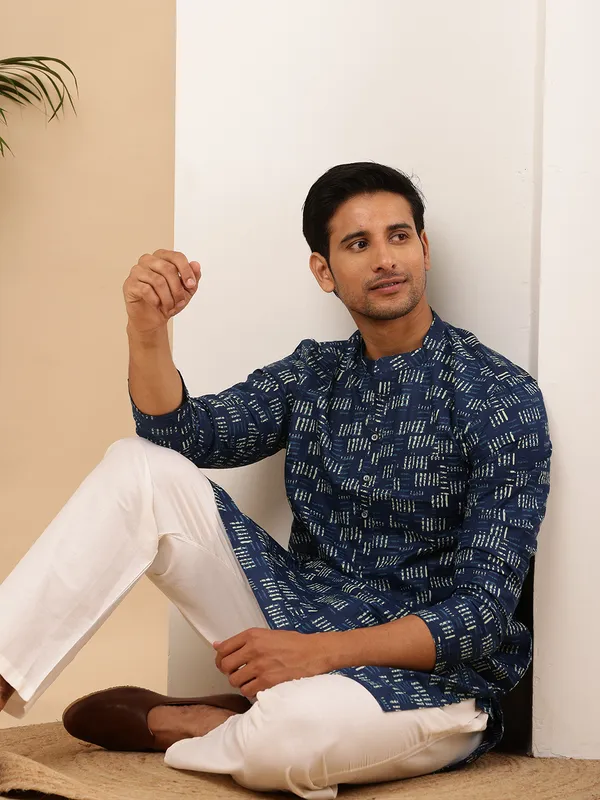 Navy_Blue_Viscose_Blend_Abstract_Block_Print_Kurta_For_Men