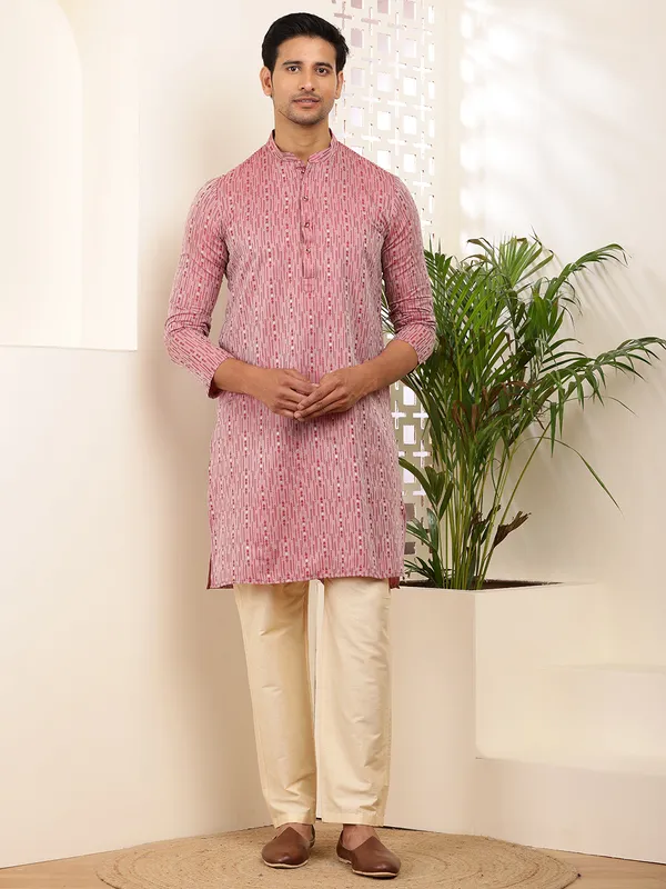 Men_Pink_Embroidery_Straight_Kurta_with_Cream_Pyjama_Set