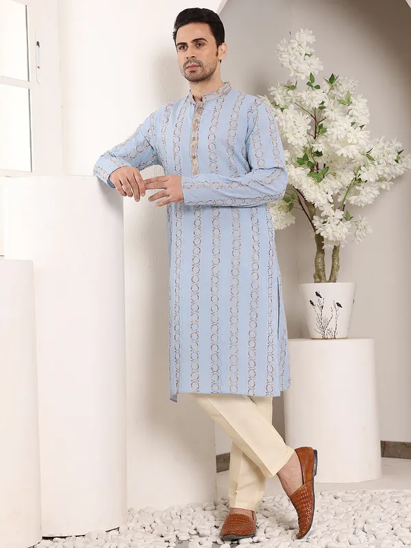Blue_Elegant_Cotton_Printed_Straight__Kurta_For_Men