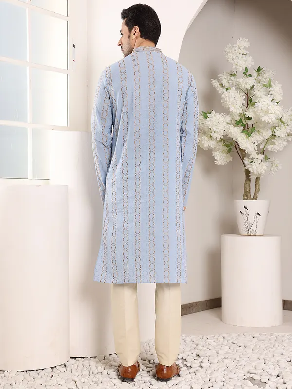 Blue_Elegant_Cotton_Printed_Straight__Kurta_For_Men