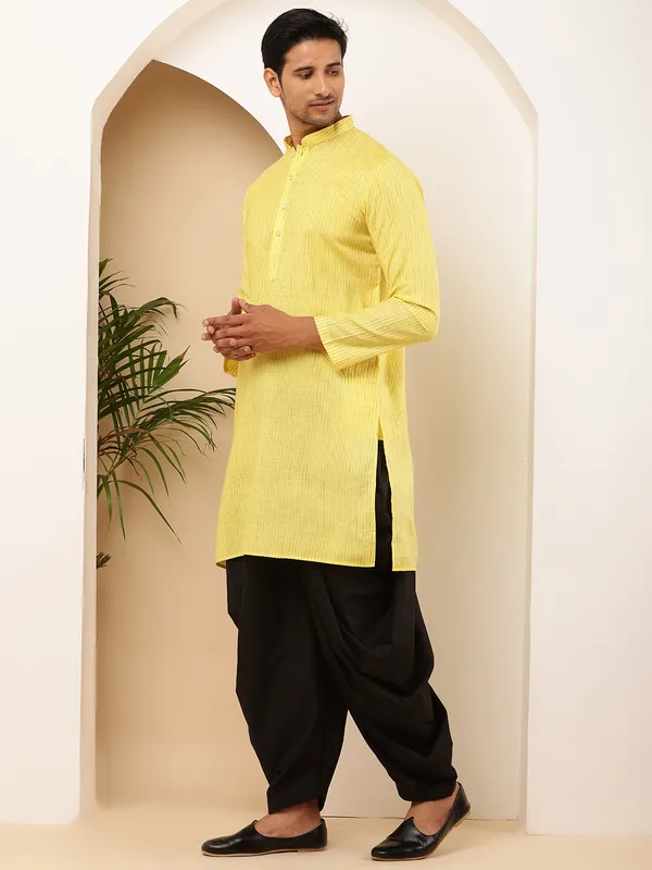 Men's_Bright_Yellow_Viscose_Blend_Kurta_with_Solid_Finish_and_Mandarin_Collar_ang_Black_Cotton_Dhoti