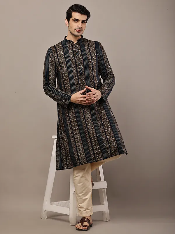 Navy_Blue_Textured_Threadwork_Kurta_with_Traditional_Off-White_Viscose_Pyjama_For_Men