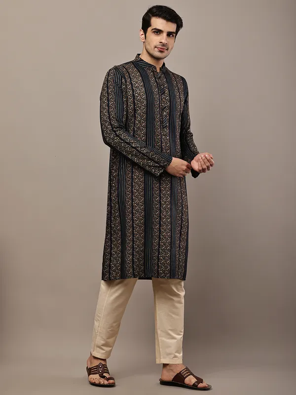 Navy_Blue_Textured_Threadwork_Kurta_with_Traditional_Off-White_Viscose_Pyjama_For_Men