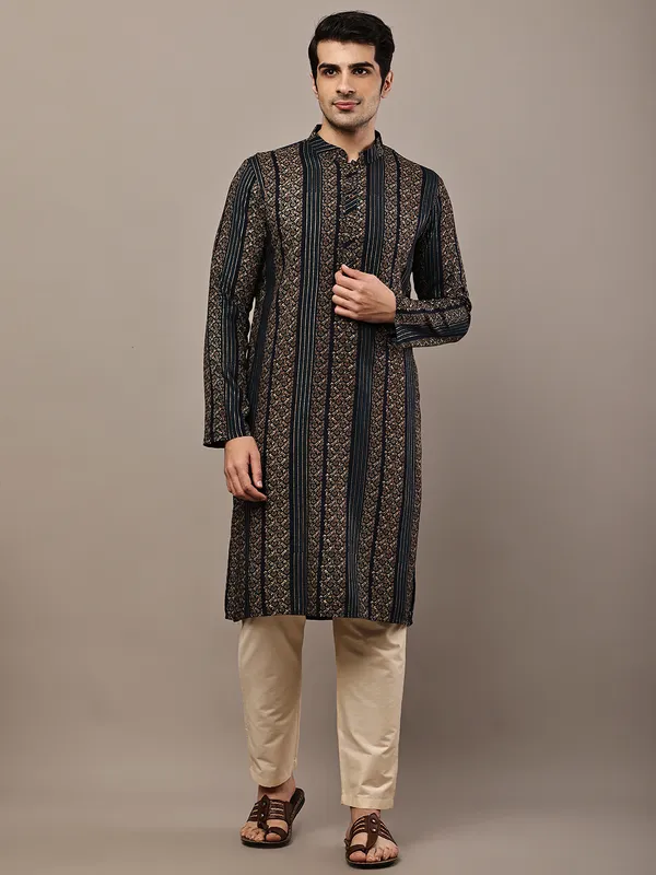 Navy_Blue_Textured_Threadwork_Kurta_with_Traditional_Off-White_Viscose_Pyjama_For_Men