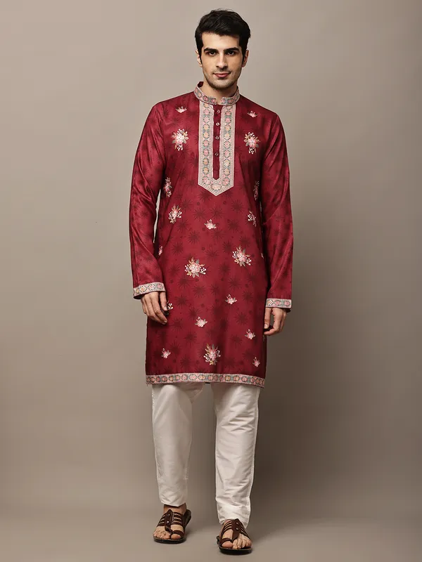 Red_Floral_Printed_Kurta_with_Embroidered_Neck_Panel_For_Men