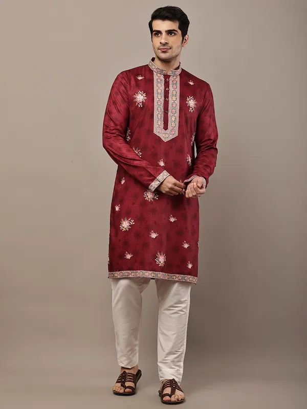 Red_Floral_Printed_Kurta_with_Embroidered_Neck_Panel_For_Men