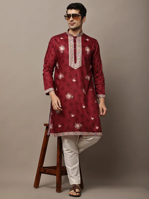 Red_Floral_Printed_Kurta_with_Embroidered_Neck_Panel_For_Men