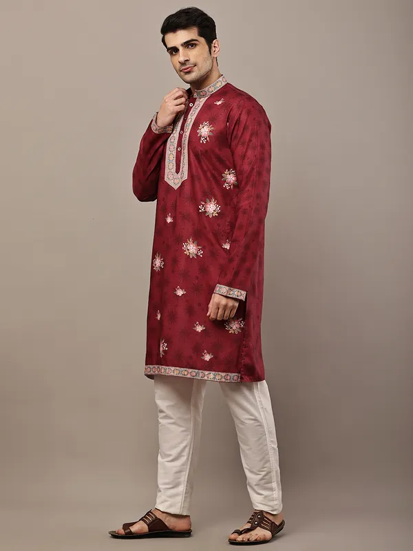 Red_Floral_Printed_Kurta_with_Embroidered_Neck_Panel_For_Men