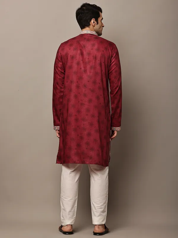 Red_Floral_Printed_Kurta_with_Embroidered_Neck_Panel_For_Men