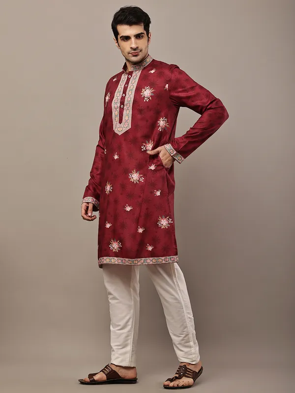 Red_Floral_Printed_Kurta_with_Embroidered_Neck_Panel_For_Men