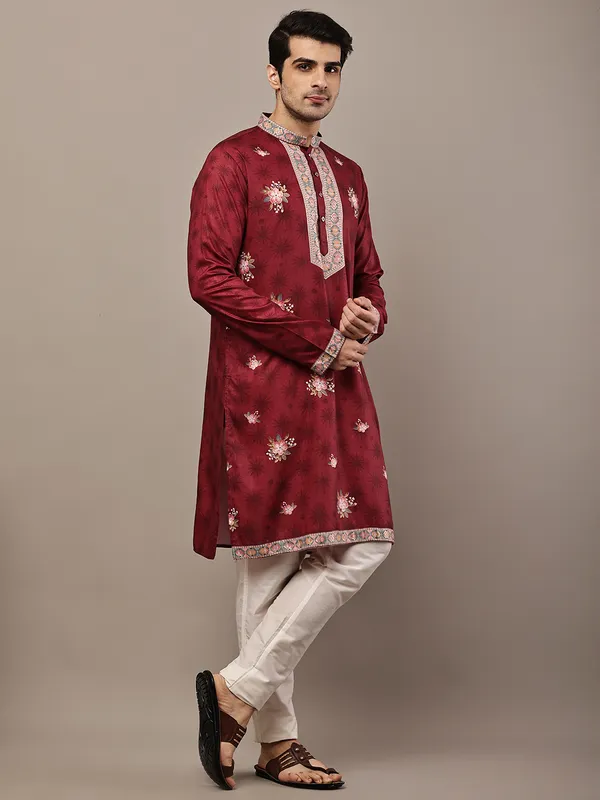 Red_Floral_Printed_Kurta_with_Embroidered_Neck_Panel_For_Men