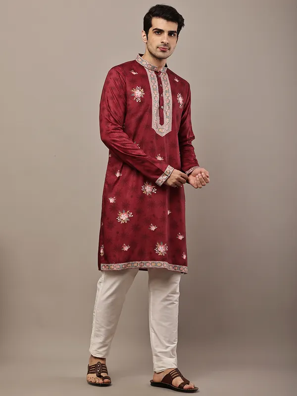 Red_Floral_Printed_Kurta_with_Embroidered_Neck_Panel_For_Men