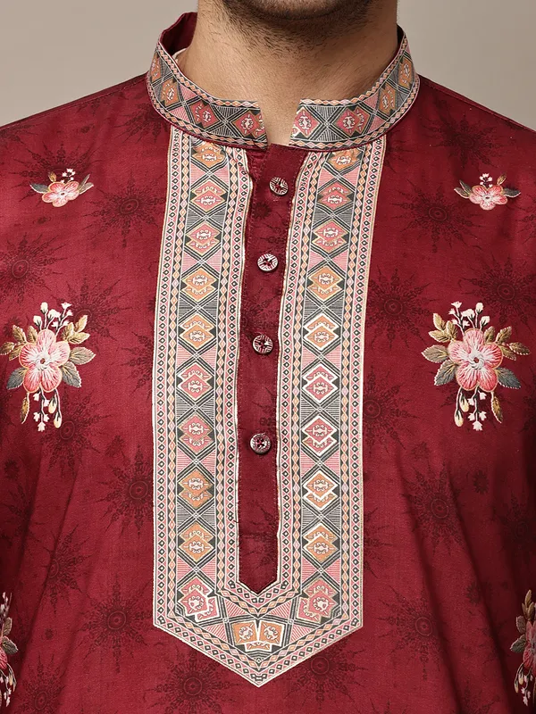 Red_Floral_Printed_Kurta_with_Embroidered_Neck_Panel_For_Men