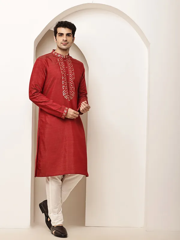 Red_Viscose_Silk_Zari-Work_Straight_Kurta_For_Men