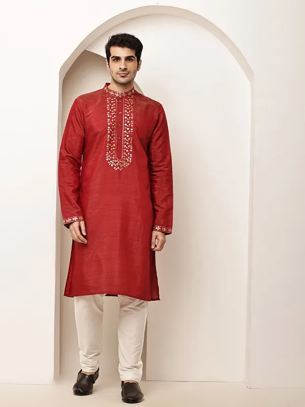 Red_Viscose_Silk_Zari-Work_Straight_Kurta_For_Men