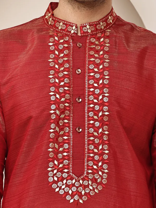 Red_Viscose_Silk_Zari-Work_Straight_Kurta_For_Men