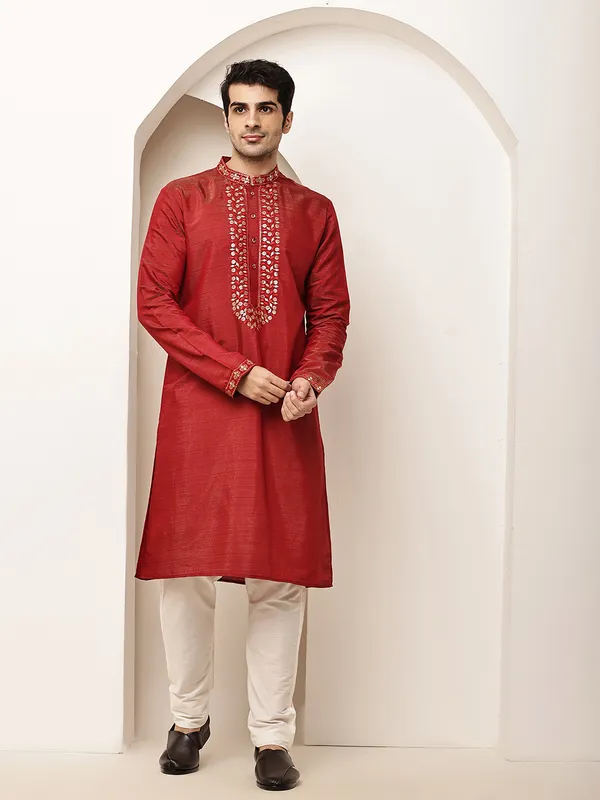 Red_Viscose_Silk_Zari-Work_Straight_Kurta_For_Men