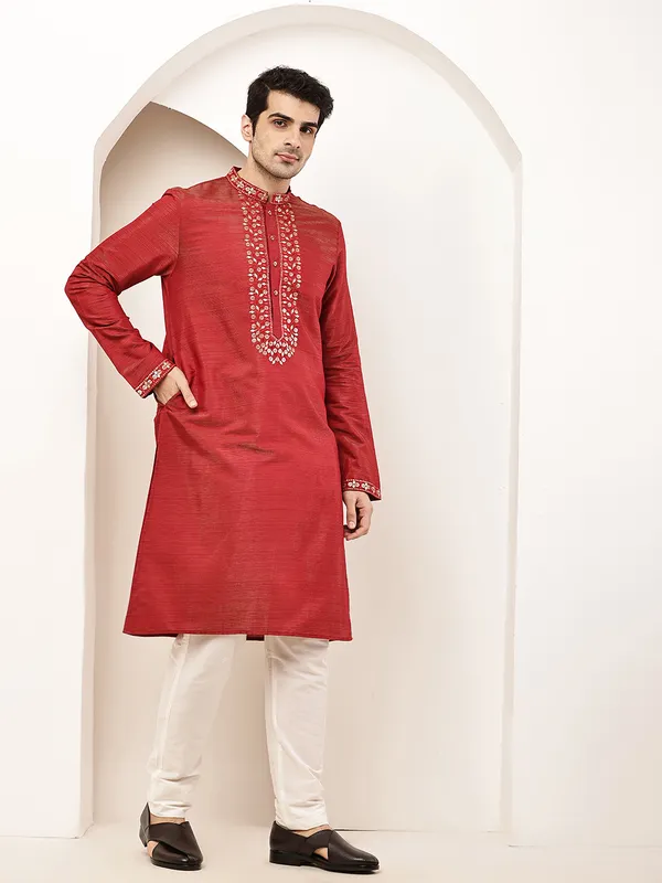 Red_Viscose_Silk_Zari-Work_Straight_Kurta_For_Men
