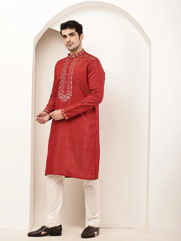 Red_Viscose_Silk_Zari-Work_Straight_Kurta_For_Men