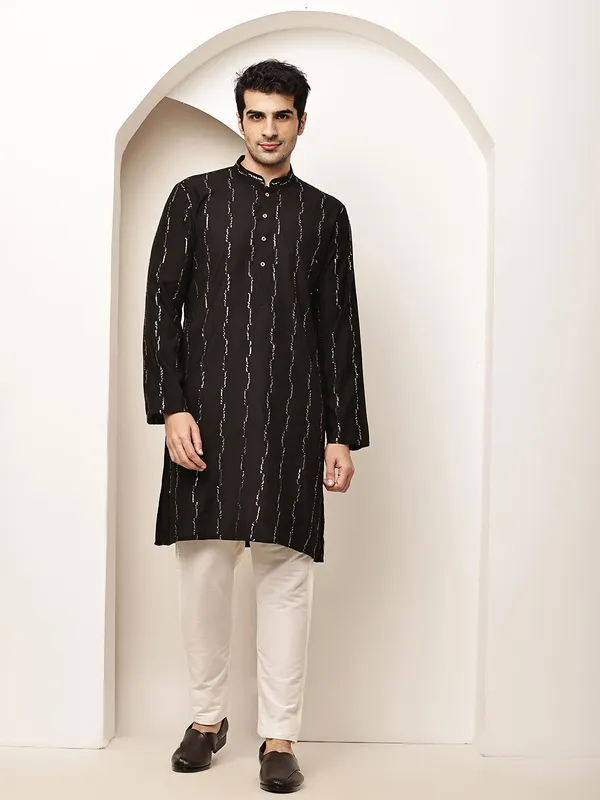 Black_Textured_Threadwork_Kurta_For_Men