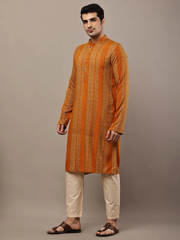 Mustard_Textured_Threadwork_Kurta_with_Traditional_Off-White_Viscose_Pyjama_For_Men