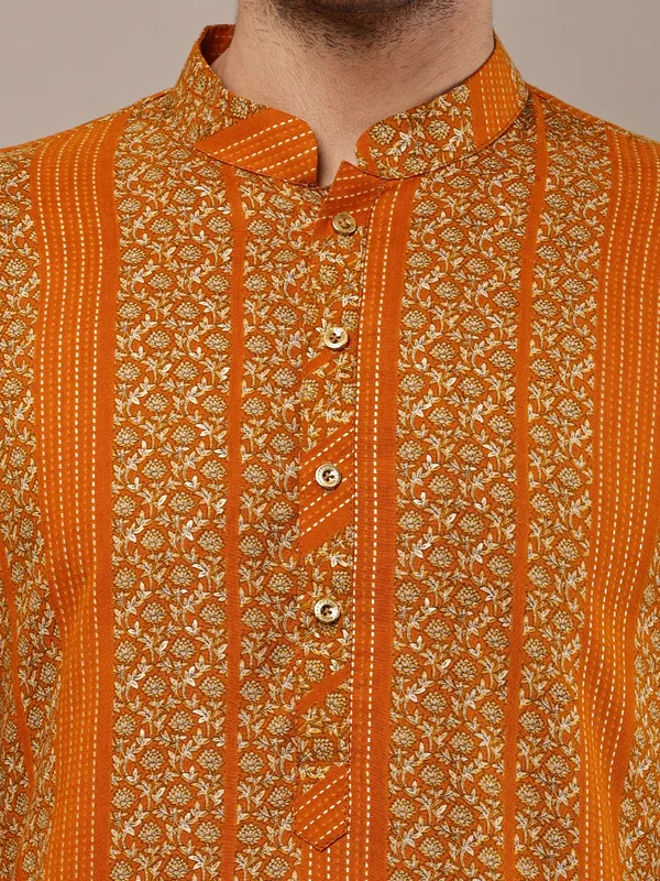 Mustard_Textured_Threadwork_Kurta_with_Traditional_Off-White_Viscose_Pyjama_For_Men