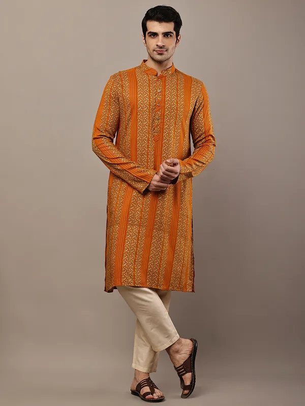 Mustard_Textured_Threadwork_Kurta_with_Traditional_Off-White_Viscose_Pyjama_For_Men