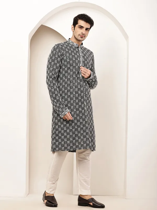 Black_&_White_Embroidered_Kurta_Set_with_Cream_Pajama_For_Men