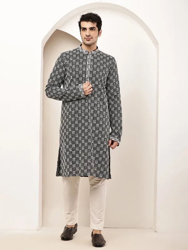 Black_&_White_Embroidered_Kurta_Set_with_Cream_Pajama_For_Men