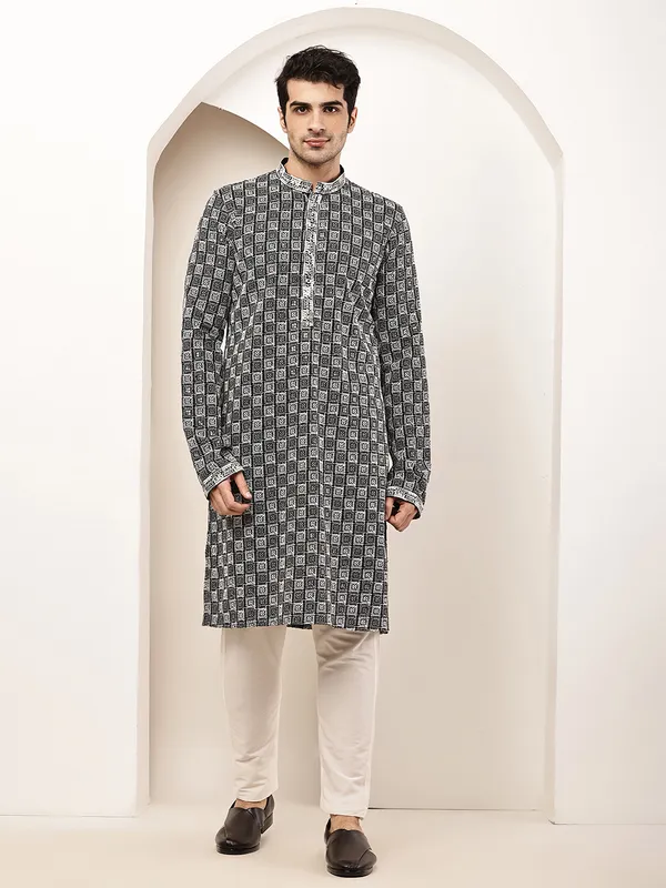 Black_&_White_Embroidered_Kurta_Set_with_Cream_Pajama_For_Men