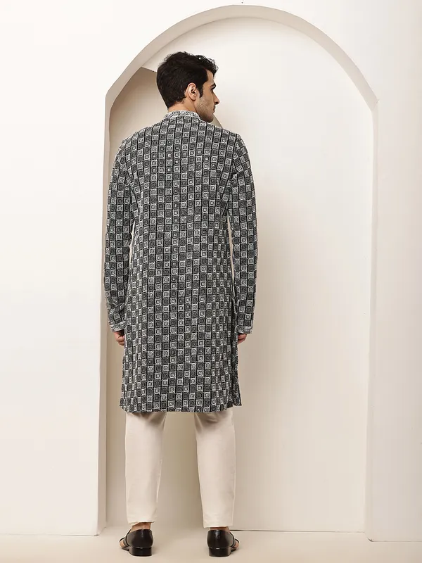 Black_&_White_Embroidered_Kurta_Set_with_Cream_Pajama_For_Men