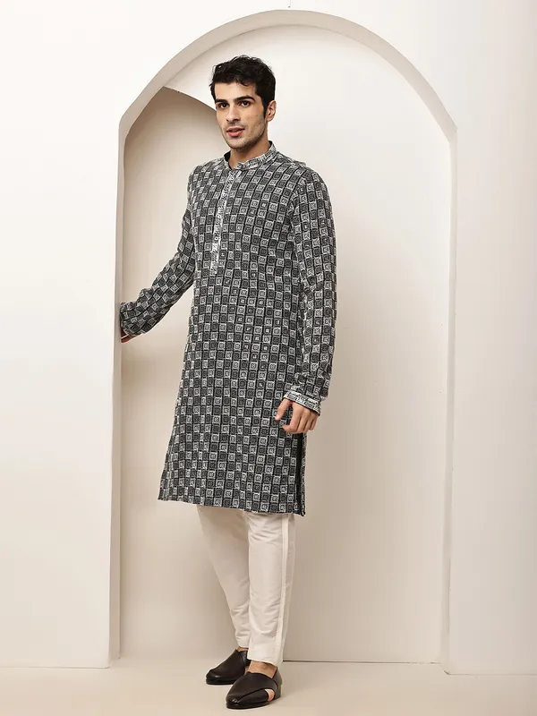 Black_&_White_Embroidered_Kurta_Set_with_Cream_Pajama_For_Men