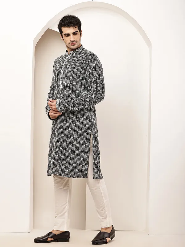 Black_&_White_Embroidered_Kurta_Set_with_Cream_Pajama_For_Men