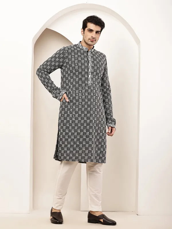 Black_&_White_Embroidered_Kurta_Set_with_Cream_Pajama_For_Men