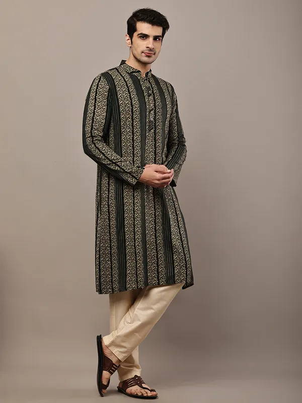 Bottle_Green_Textured_Threadwork_Kurta_with_Traditional_Off-White_Viscose_Pyjama_For_Men