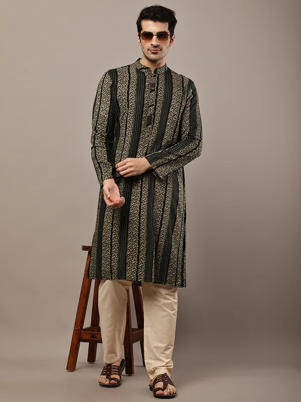 Bottle_Green_Textured_Threadwork_Kurta_with_Traditional_Off-White_Viscose_Pyjama_For_Men