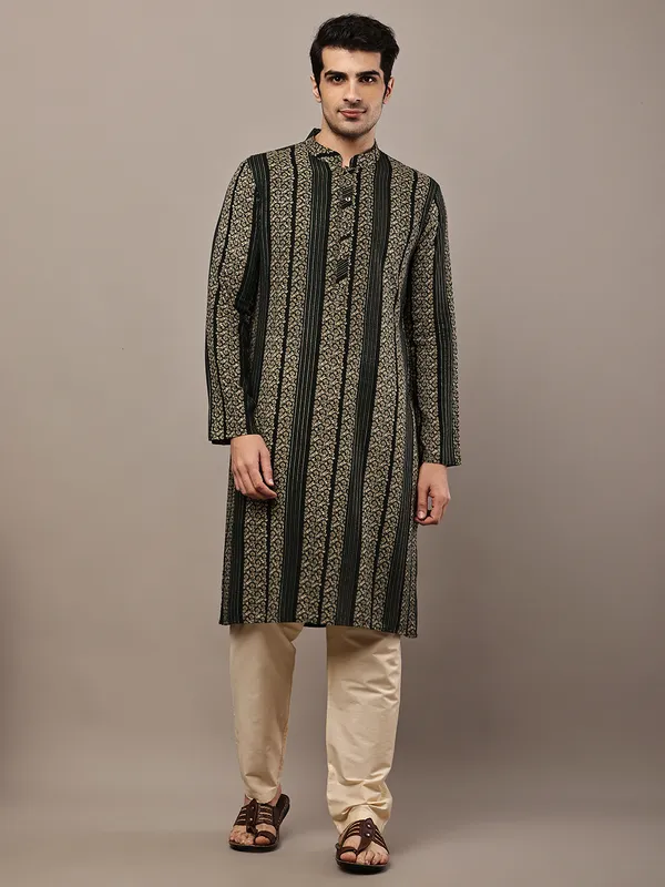 Bottle_Green_Textured_Threadwork_Kurta_with_Traditional_Off-White_Viscose_Pyjama_For_Men
