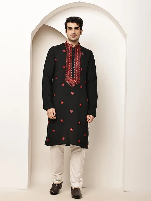 Black_Embroidered_Kurta_Set_with_Cream_Pajama_For_Men