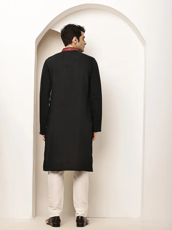 Black_Embroidered_Kurta_Set_with_Cream_Pajama_For_Men