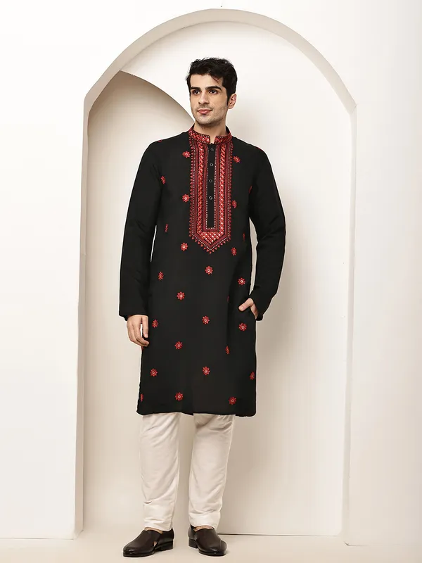 Black_Embroidered_Kurta_Set_with_Cream_Pajama_For_Men
