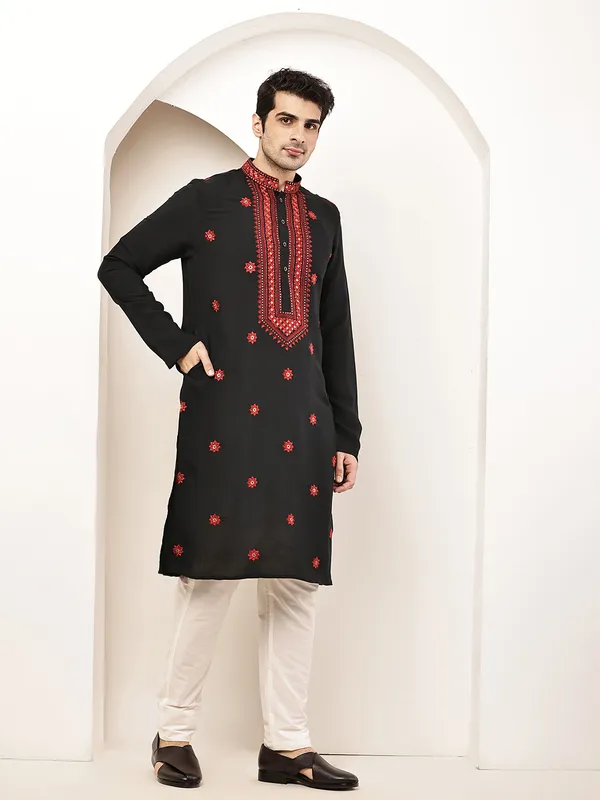 Black_Embroidered_Kurta_Set_with_Cream_Pajama_For_Men
