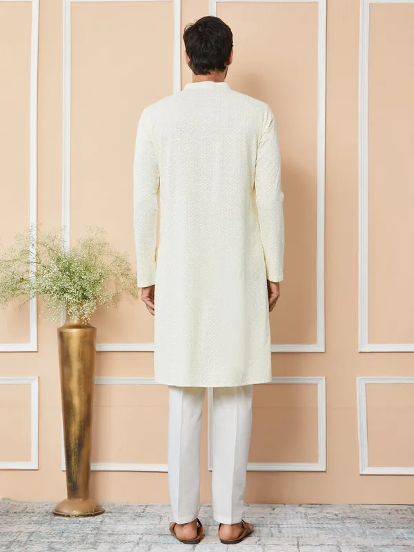 Cream_Rayon_Silk_Classic_Chikankari_Straight__Kurta_For_Men