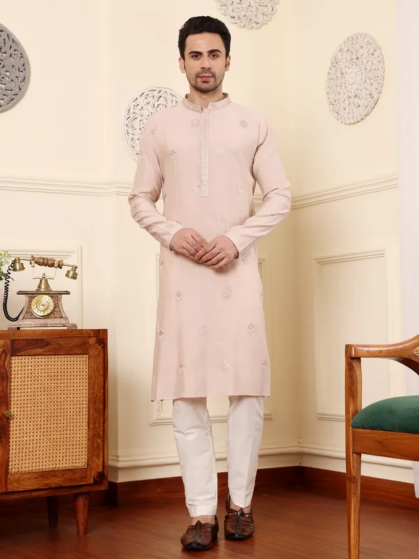 Men's_Peach_Straight_Viscose_Silk_Kurta_with_Embroidered_Neckline_and_Motifs,Off_White_solid_trouser_style_churidar