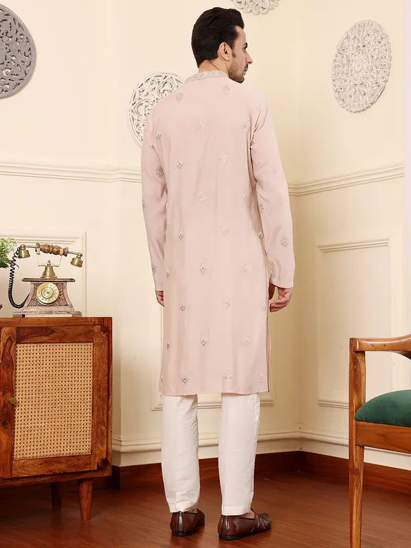 Men's_Peach_Straight_Viscose_Silk_Kurta_with_Embroidered_Neckline_and_Motifs,Off_White_solid_trouser_style_churidar