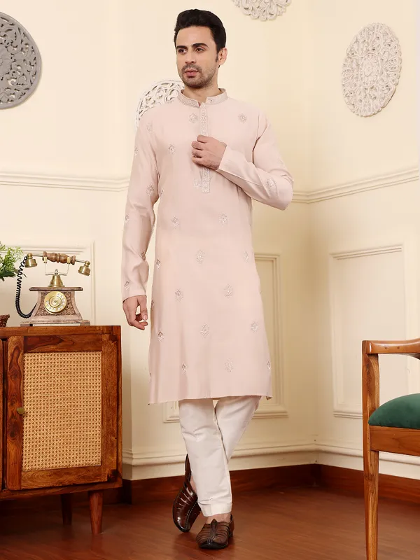 Men's_Peach_Straight_Viscose_Silk_Kurta_with_Embroidered_Neckline_and_Motifs,Off_White_solid_trouser_style_churidar