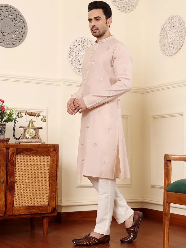 Men's_Peach_Straight_Viscose_Silk_Kurta_with_Embroidered_Neckline_and_Motifs,Off_White_solid_trouser_style_churidar