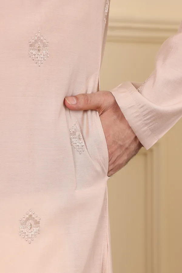 Men's_Peach_Straight_Viscose_Silk_Kurta_with_Embroidered_Neckline_and_Motifs,Off_White_solid_trouser_style_churidar