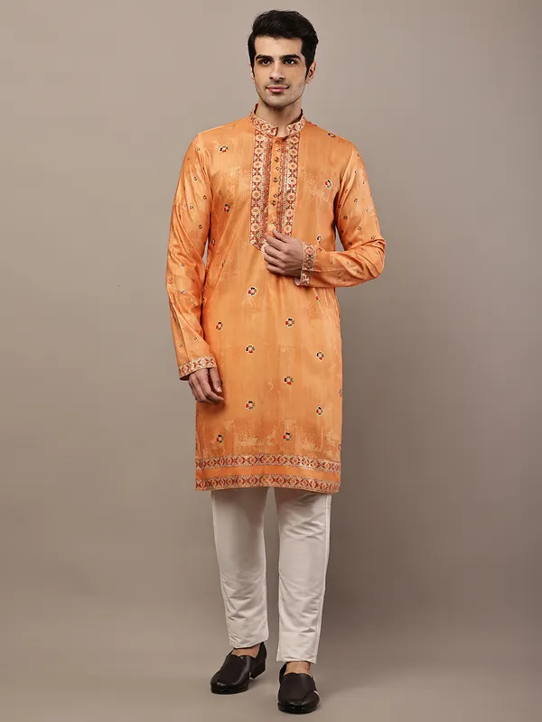 Rust_Orange_Embroidered_Kurta_with_Cream_Pyjama_&_Traditional_Neck_Detailing_For_Men