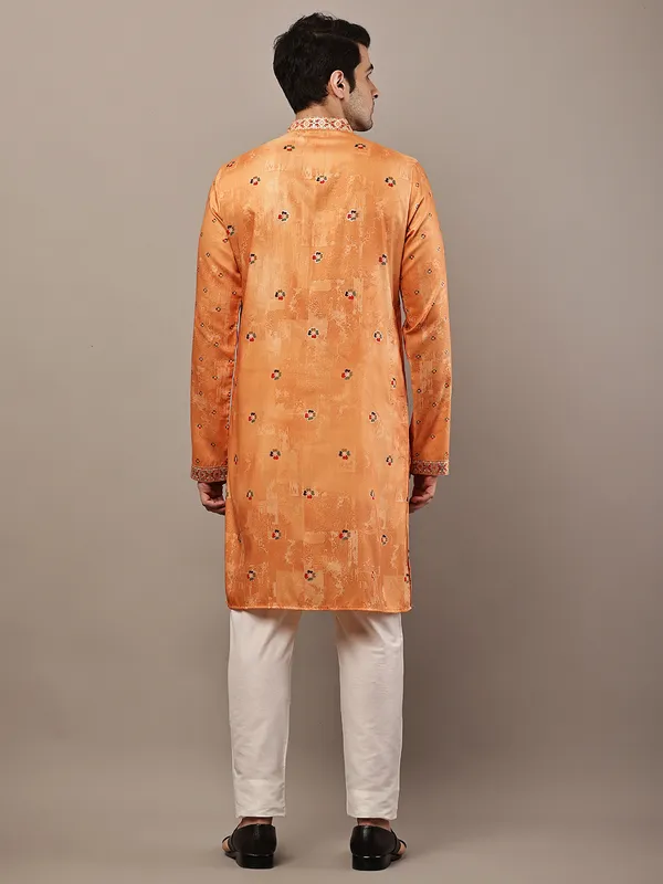 Rust_Orange_Embroidered_Kurta_with_Cream_Pyjama_&_Traditional_Neck_Detailing_For_Men
